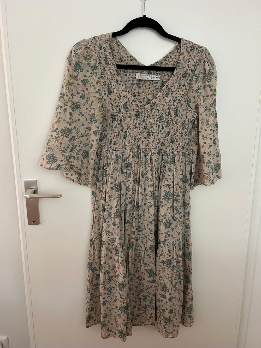 Christy Dawn Beige Midi Dress with Green Floral Print